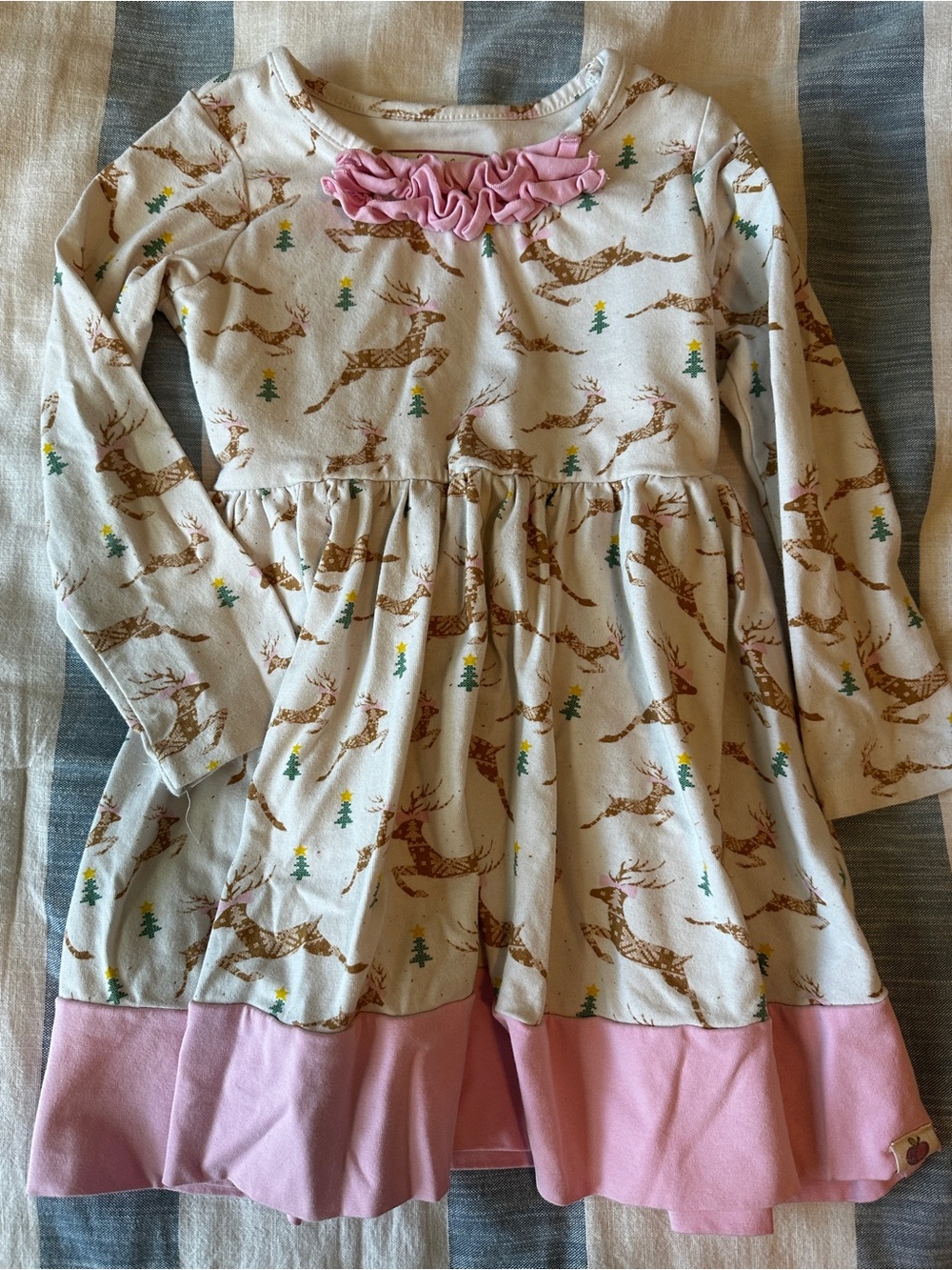 Cheeky Plum Cream Reindeer Print Long Sleeve Dress with Pink Ruffle Trim